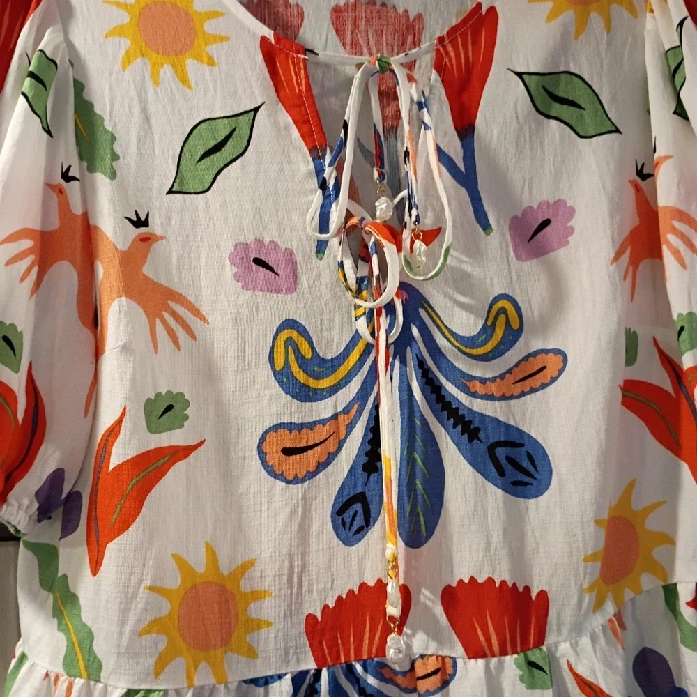 Cece Blouse Womens Size M Colorful Aztec Pattern VNeck Drawstring Summer Top EUC - Picture 7 of 8